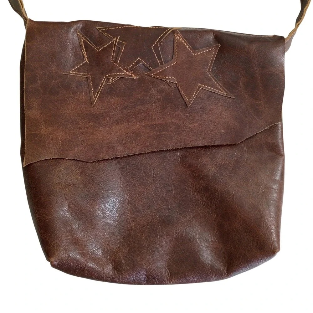 Brown Leather Star Applique Crossbody Messenger Bag Boho Distressed By Dorthea‎